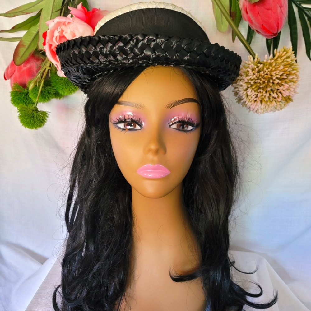 Vintage Black and Cream Straw Hat with Wide Ribbon